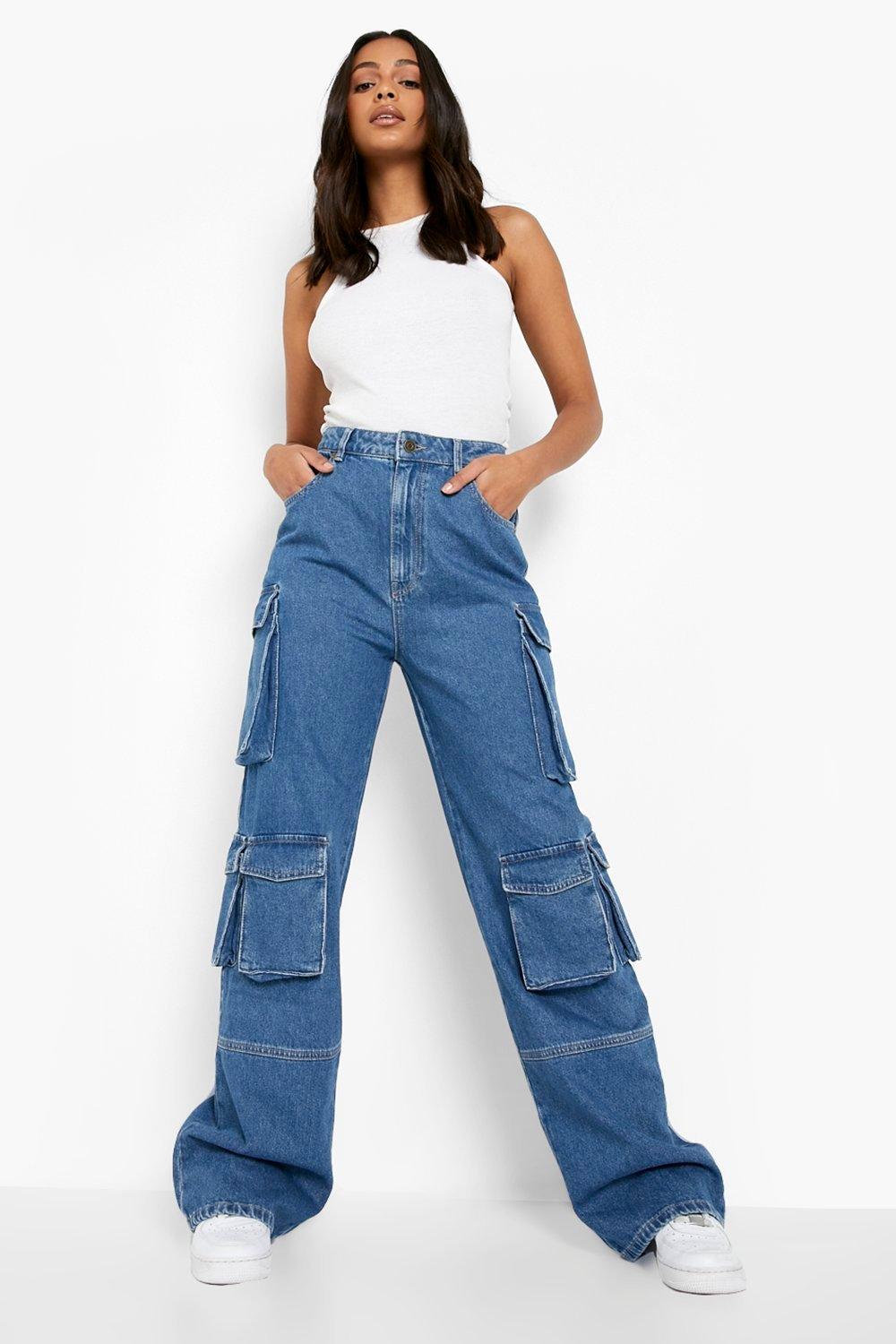 Jean boyfriend style cargo taille haute et poches boohoo